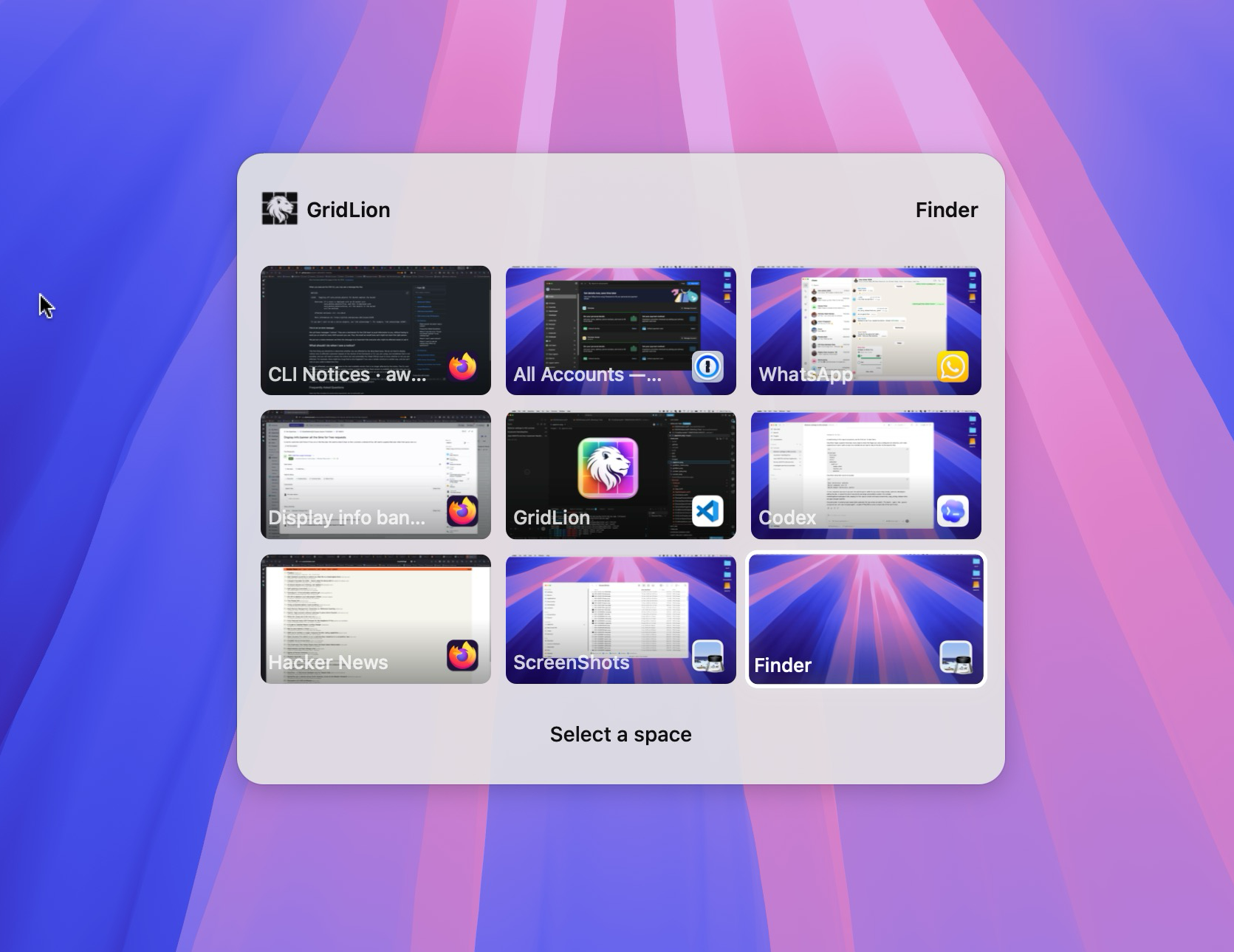GridLion grid picker showing nine macOS Spaces with screenshot previews.