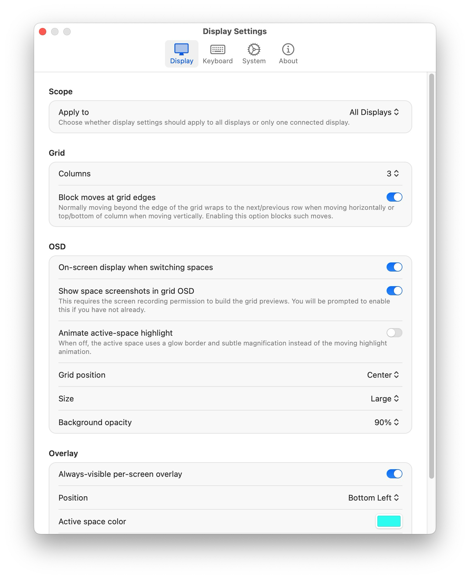 GridLion settings window showing Display, OSD, and Overlay options.