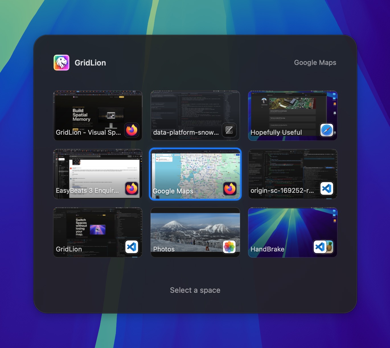 GridLion grid picker showing nine macOS Spaces with screenshot previews.