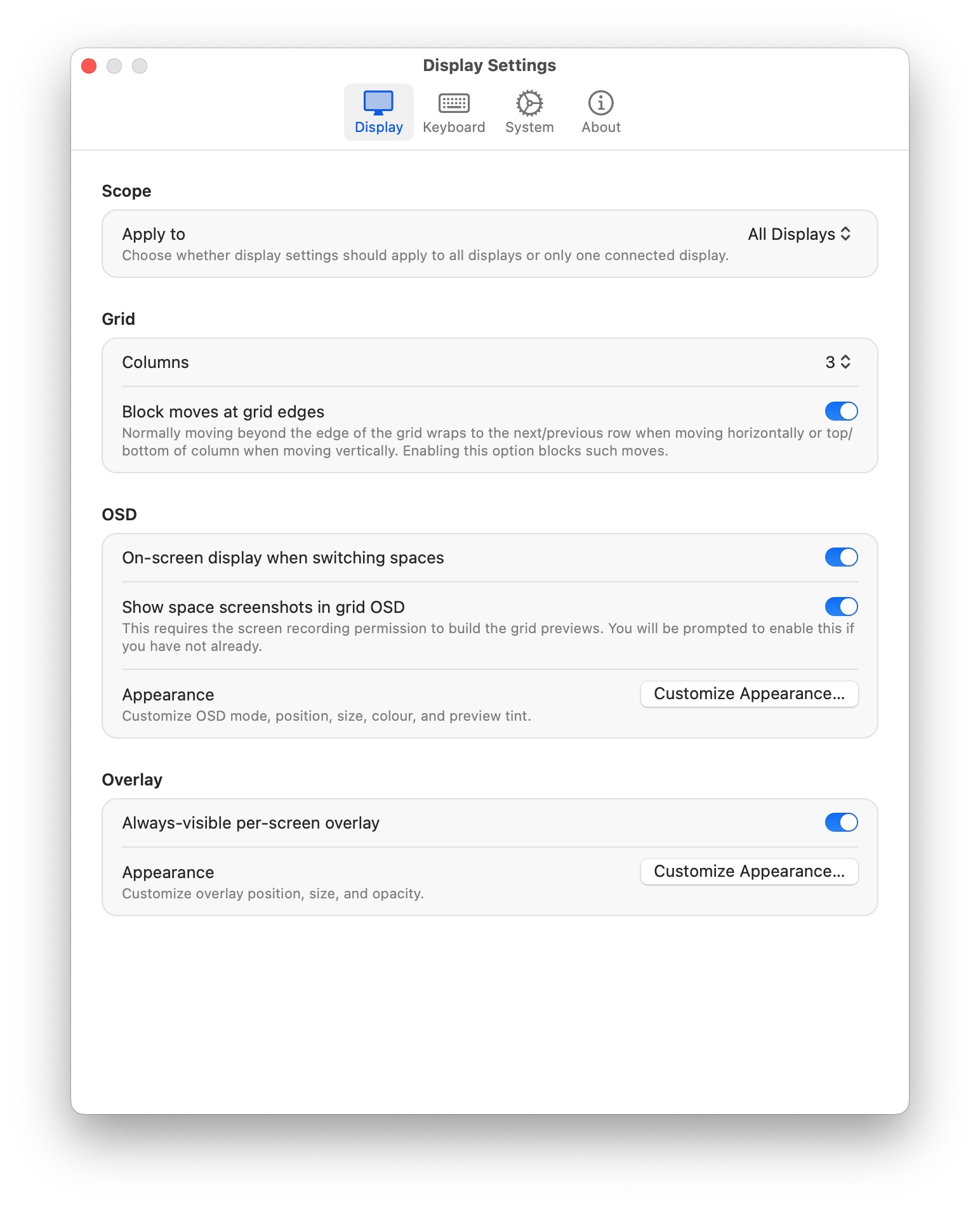 GridLion settings window showing Display, OSD, and Overlay options.